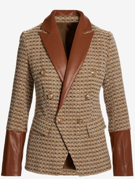 Jackets & Blazers - Boston Proper Faux Leather Trim Neutral Tweed Double Breasted Blazer Sz 16 NWT